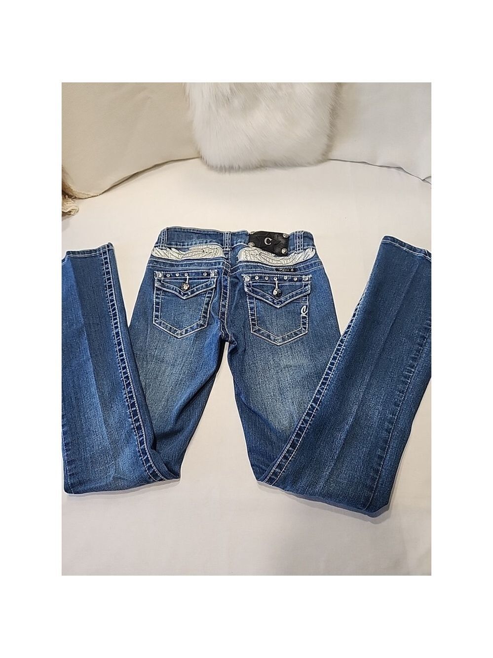 MISS "C" Y2K Blue Bedazzled Low Rise Bootcut Jeans 26X31 Angel Wings,EUC